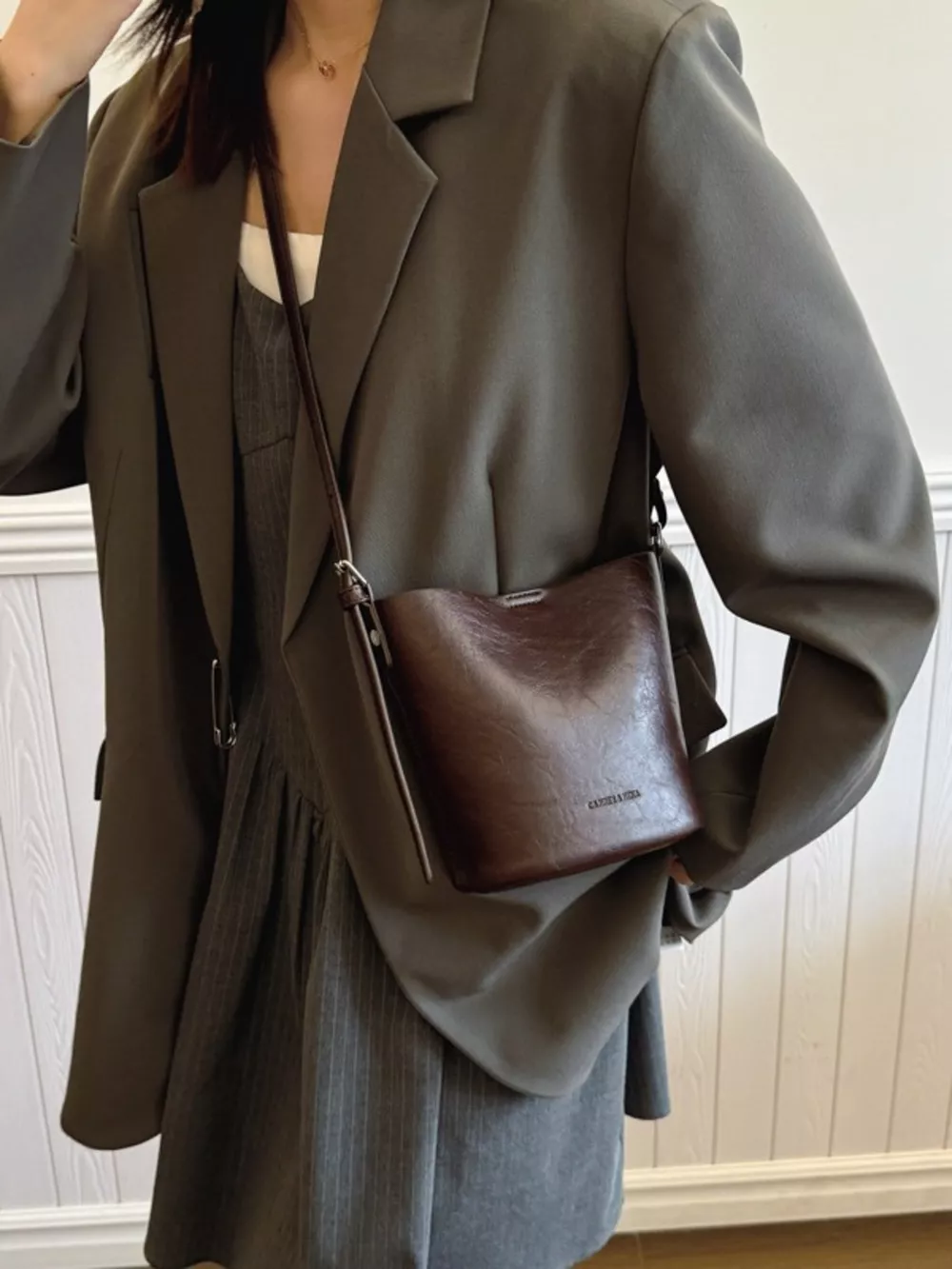 Leather Bucket Crossbody Bag, image 9