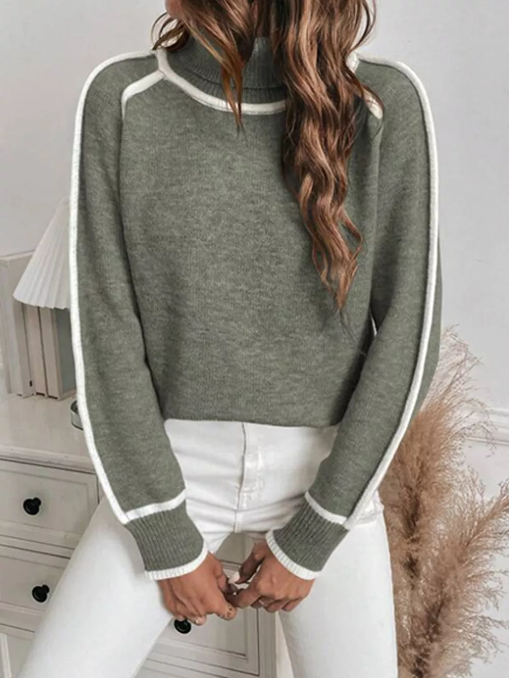 Full Size Contrast Trim Ribbed Hem Turtleneck Sweater Plus Size, image 2