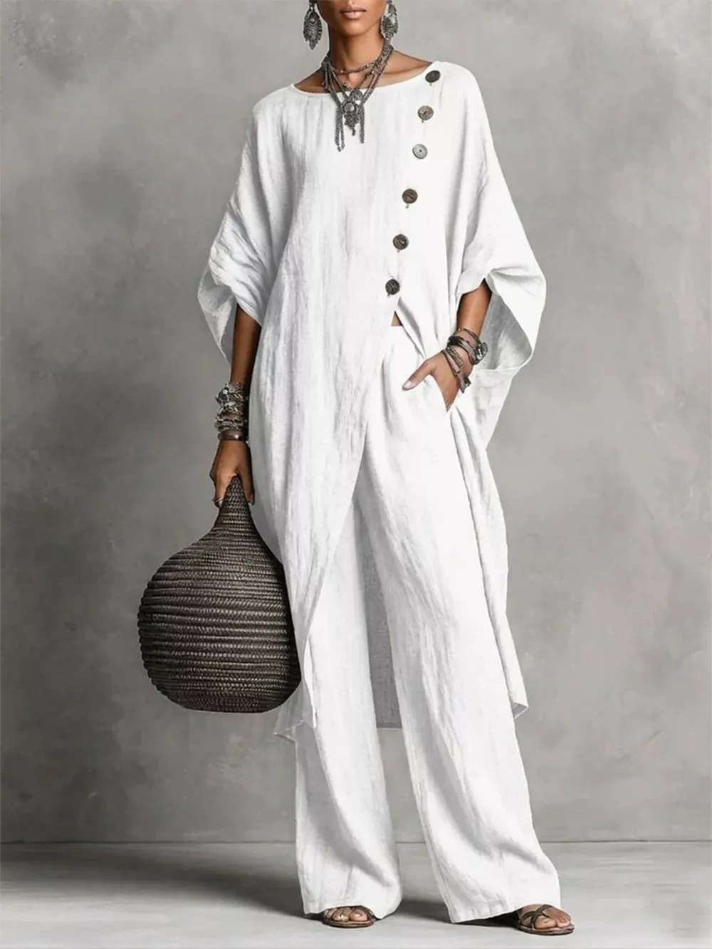 Full Size Asymmetric Button-Down Top and Wide-Leg Pants Set Plus Size
