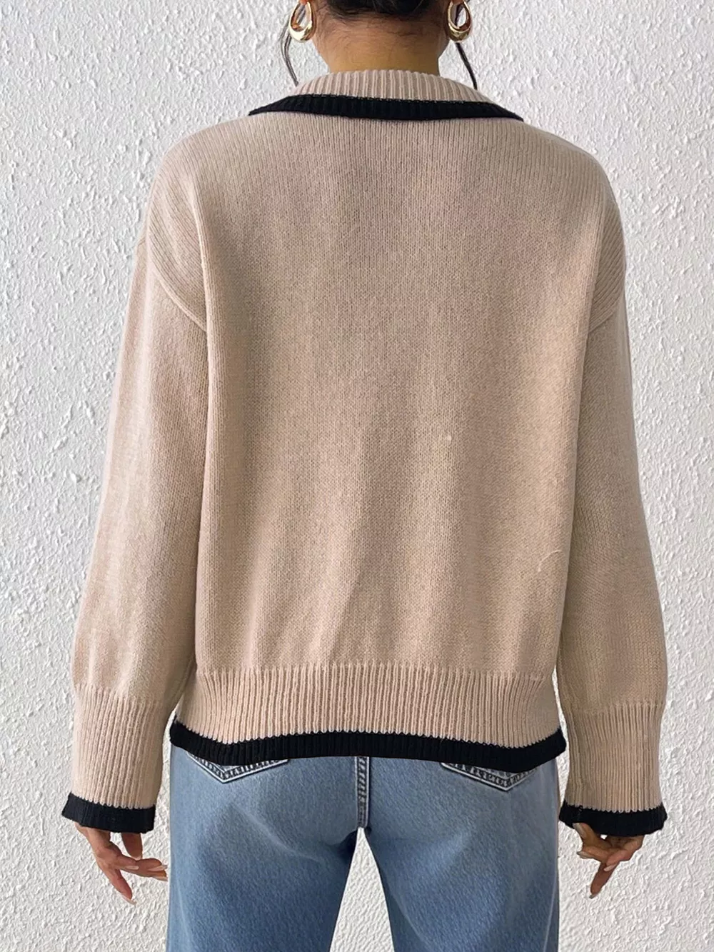 Flower Contrast Trim Dropped Shoulder Sweater, image 9