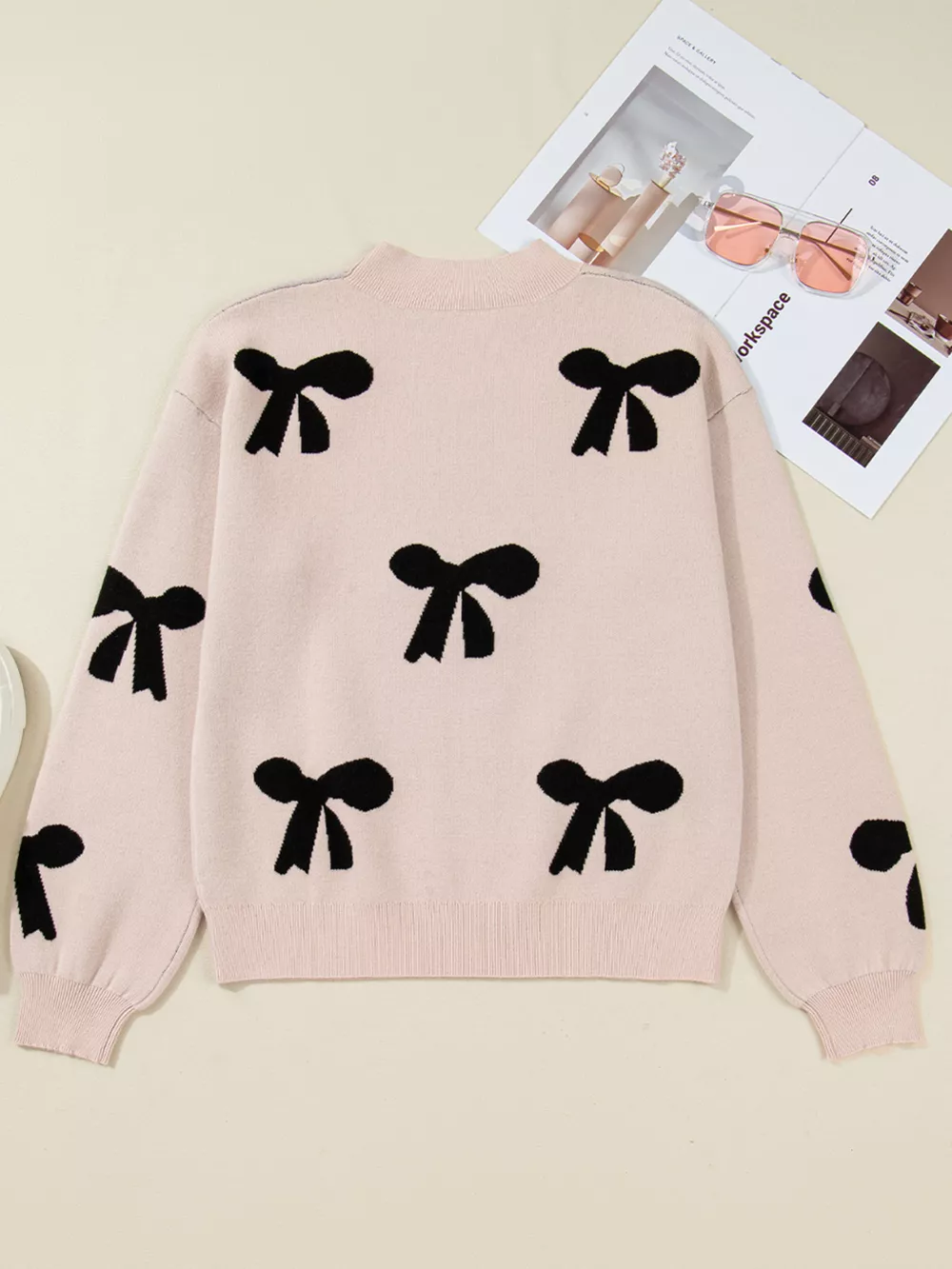 Pearl Embellished Bow Pattern Loose Sweater, image 7