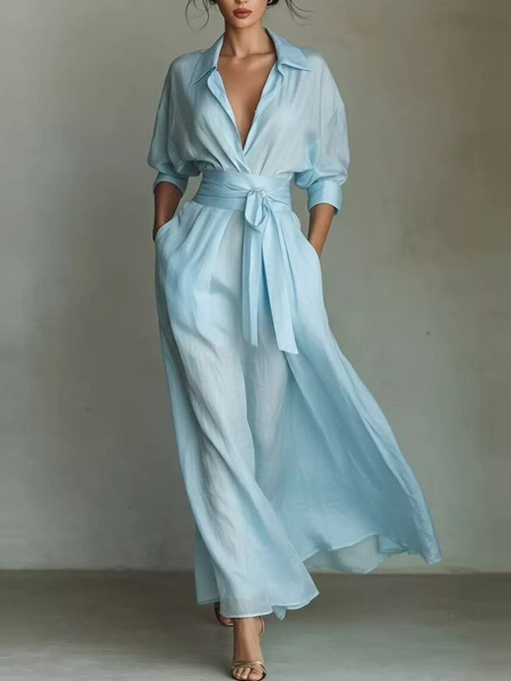 Shirt Maxi Dress with Waist-Defining Sash
