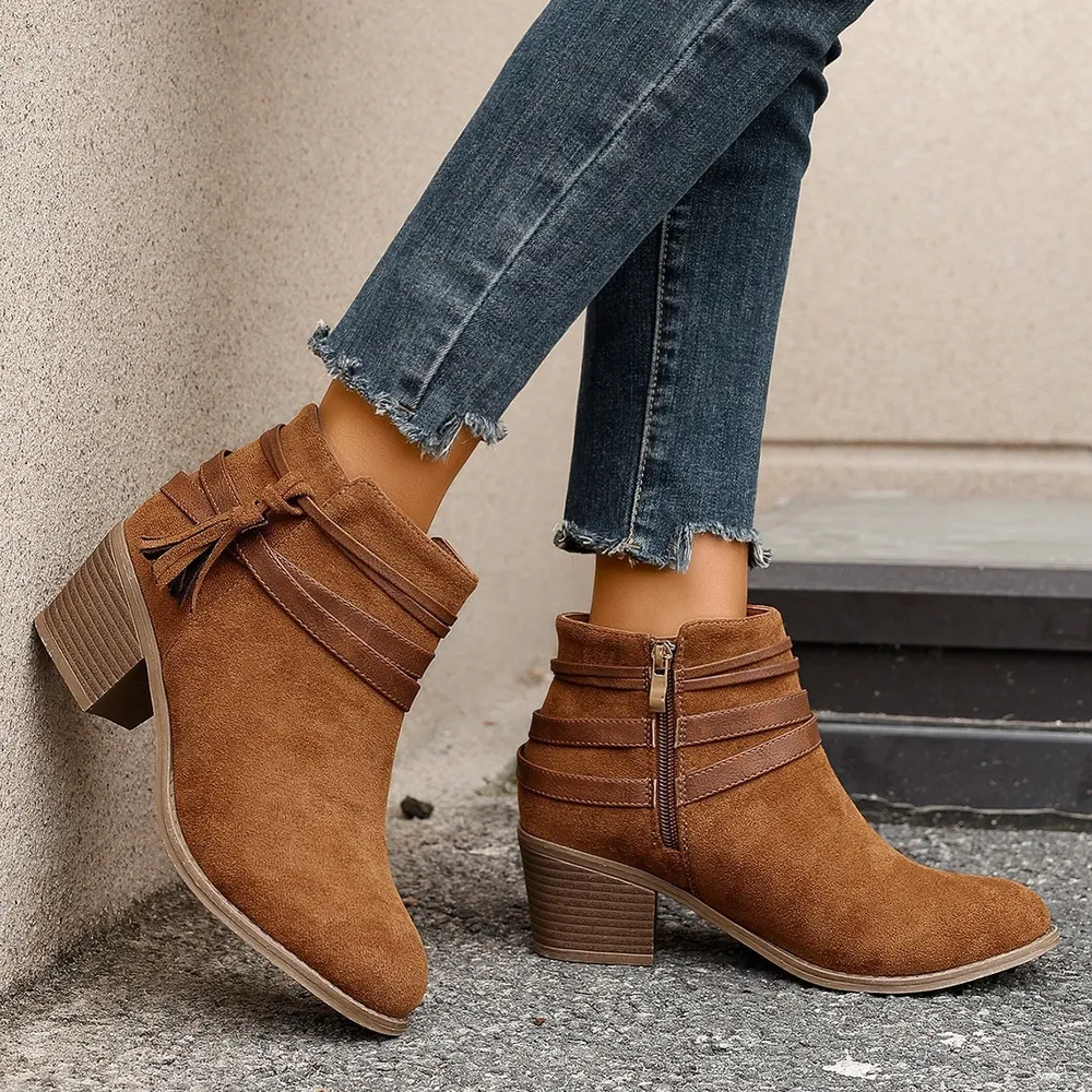 Tassel Point Toe Block Heels Boots, image 6
