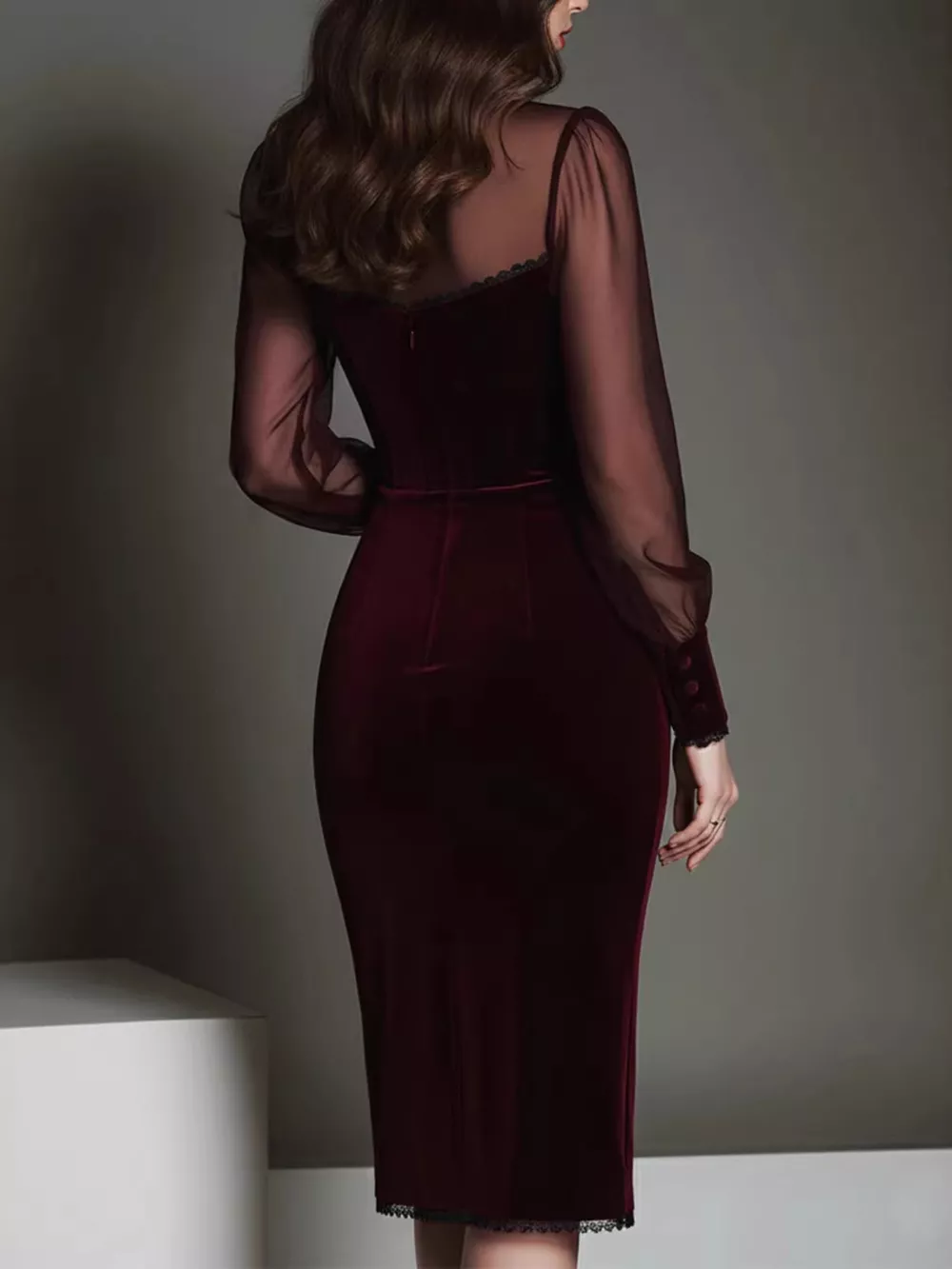 Velvet Bodycon Dress with Sheer Mesh Sleeves, image 2