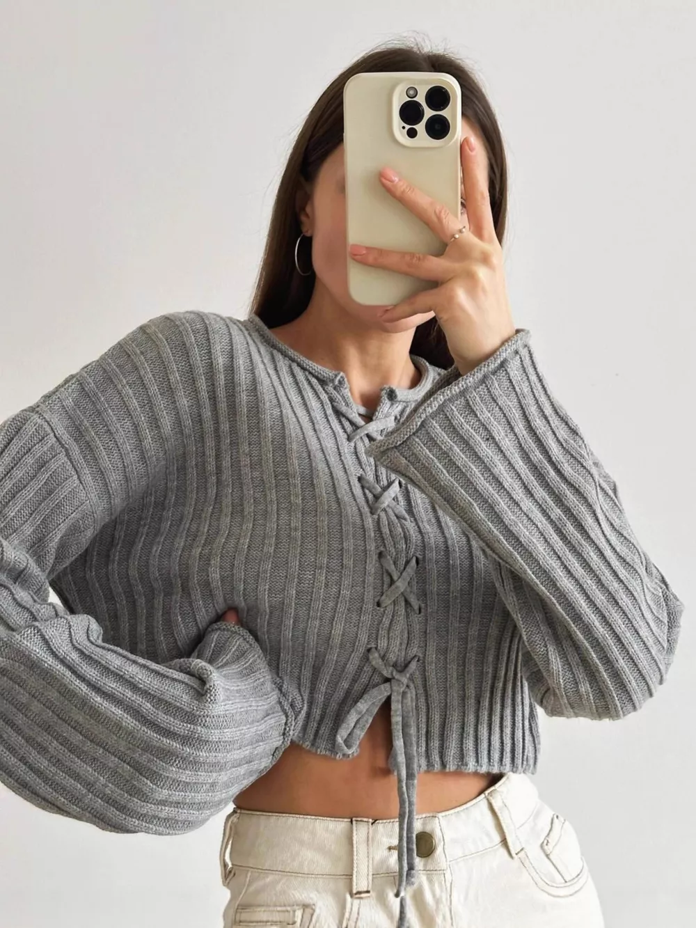 Ribbed Lace-Up Crop Sweater, image 5
