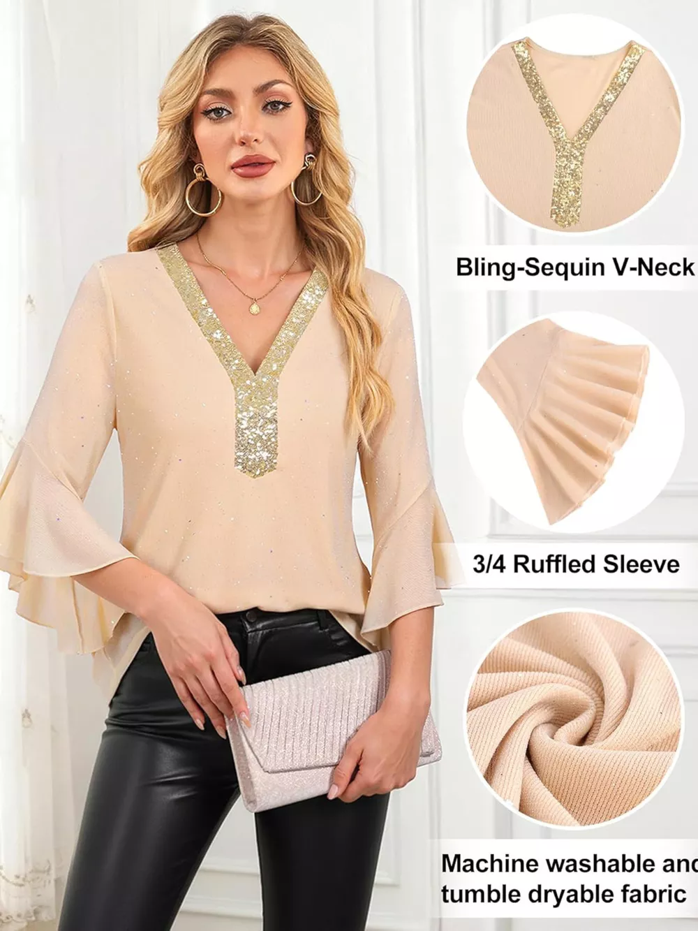 Sequin V-Neck Flounce Sleeve Blouse, image 5