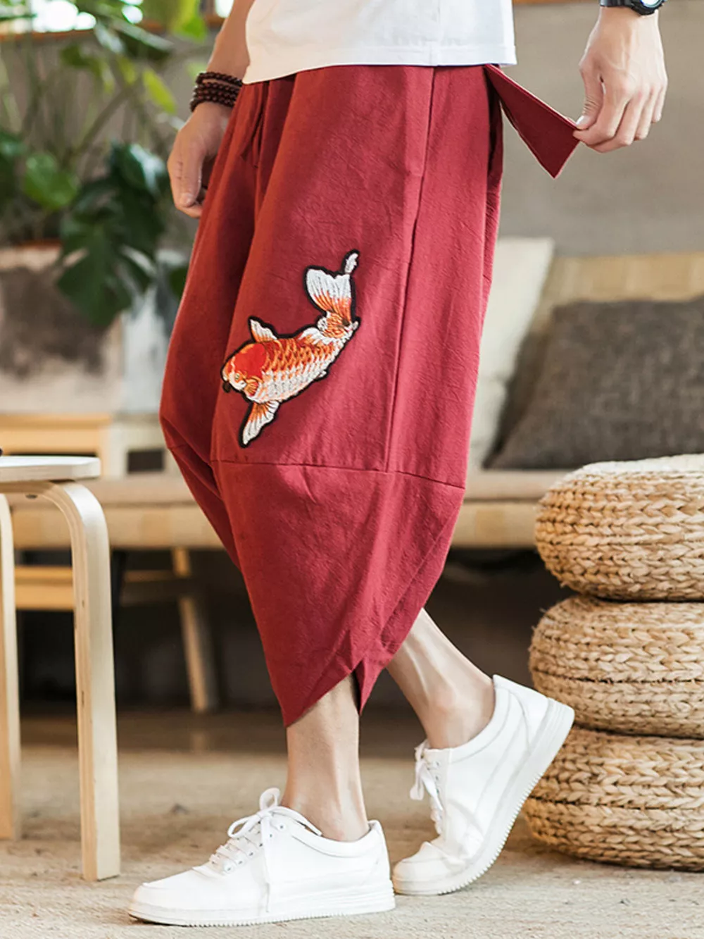 Men's Plus Size Embroidered Koi Fish Harem Pants, image 2