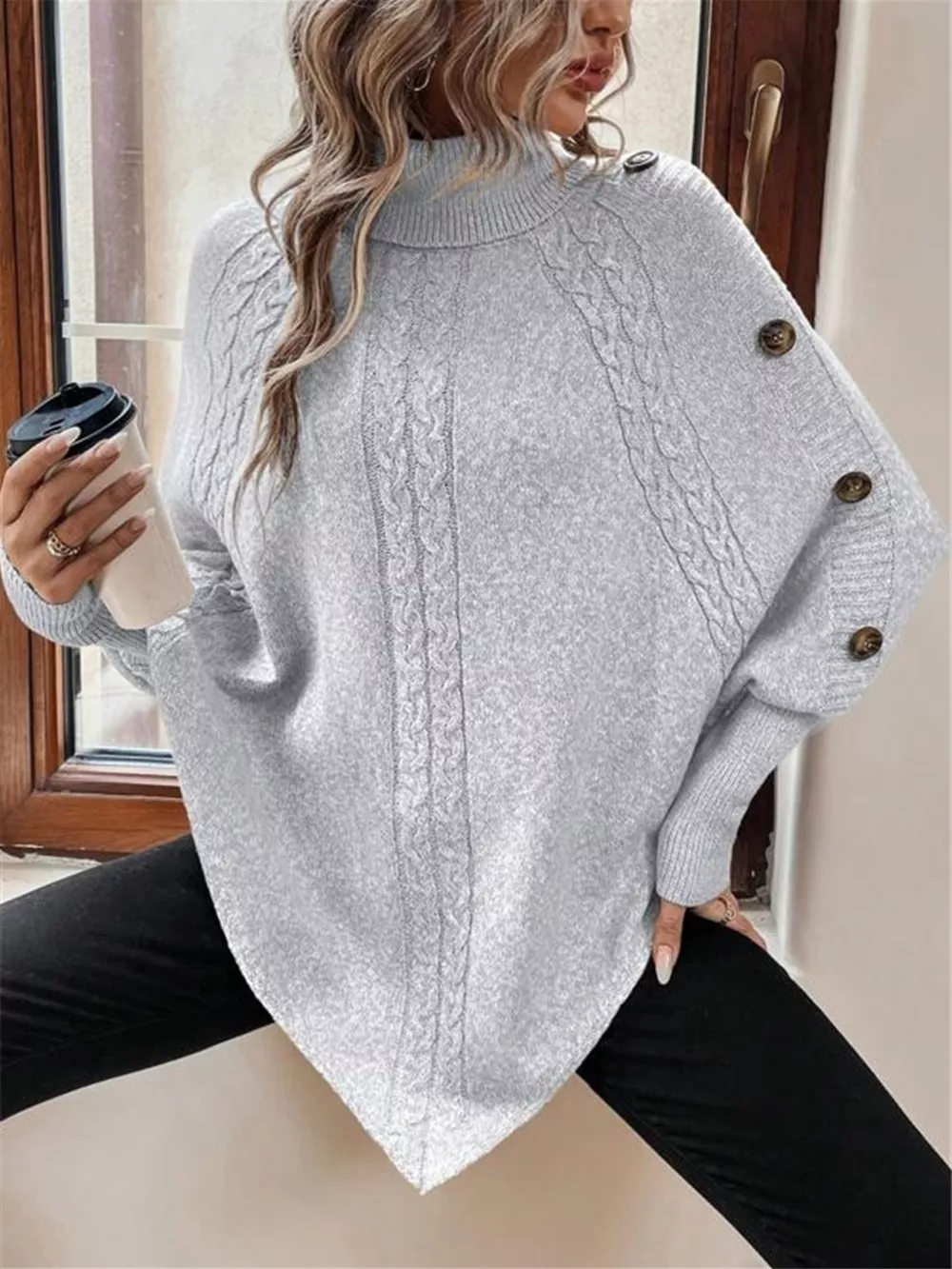 Cable Knit Turtleneck Cape Sweater, image 10