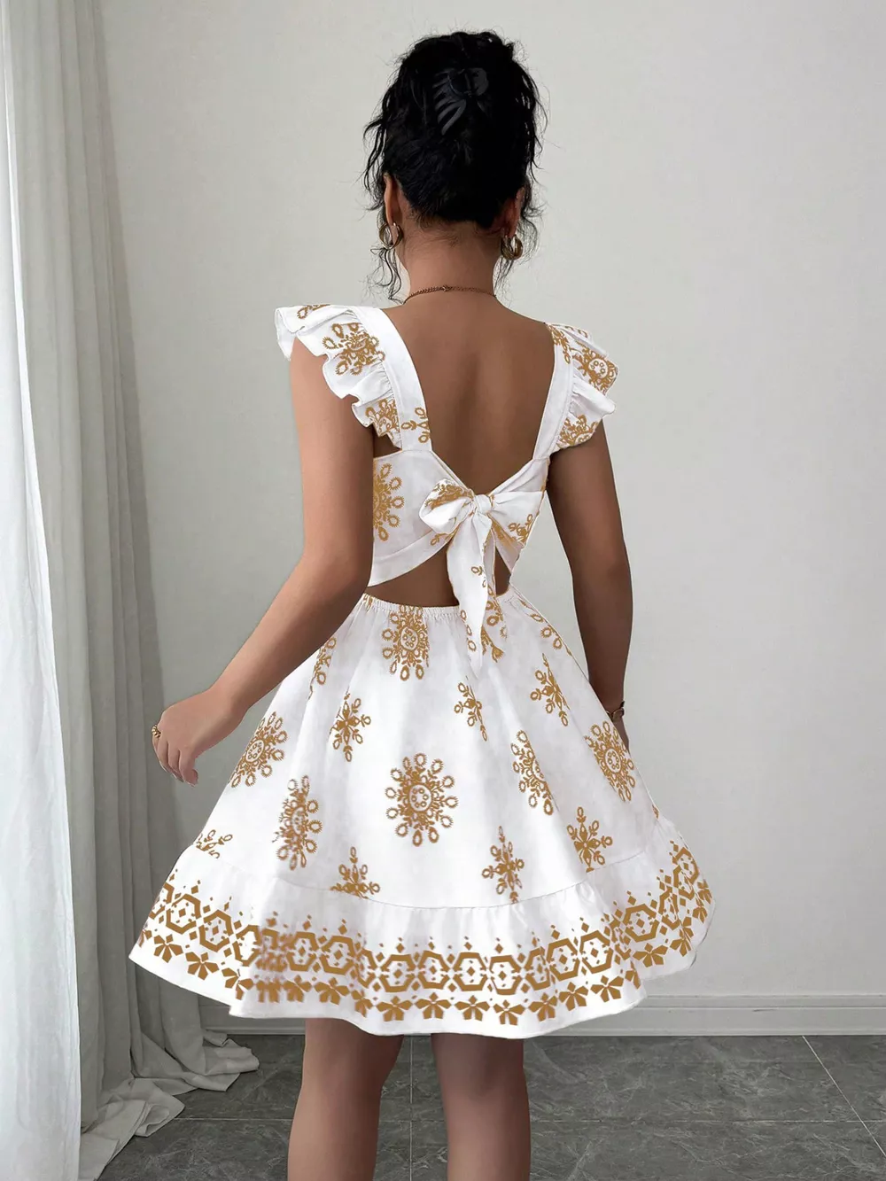 Printed Bow Back Square Neck Mini Dress, image 18