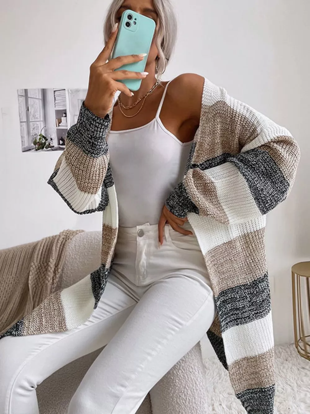 Color Block Striped Open Front Longline Cardigan, image 2