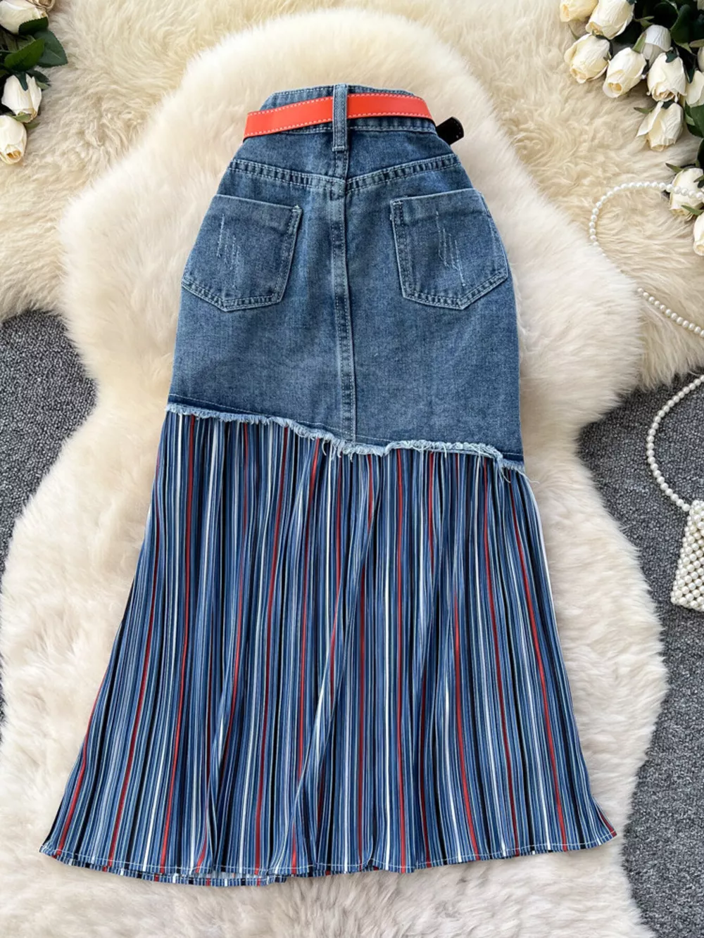 Full Size Striped Patchwork Denim Skirt Plus Size, image 2