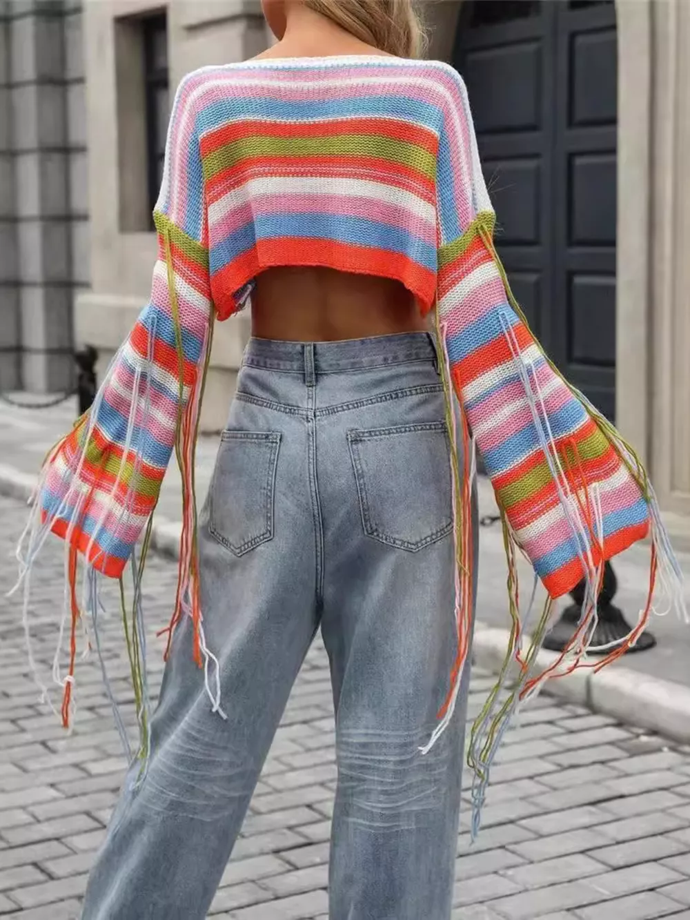 Fringe Striped Long Sleeve Crop Sweater, image 3