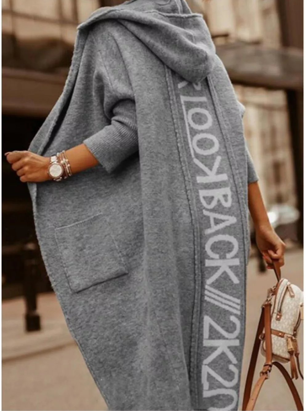 Full Size Letter Back Hooded Cardigan Plus Size, image 7