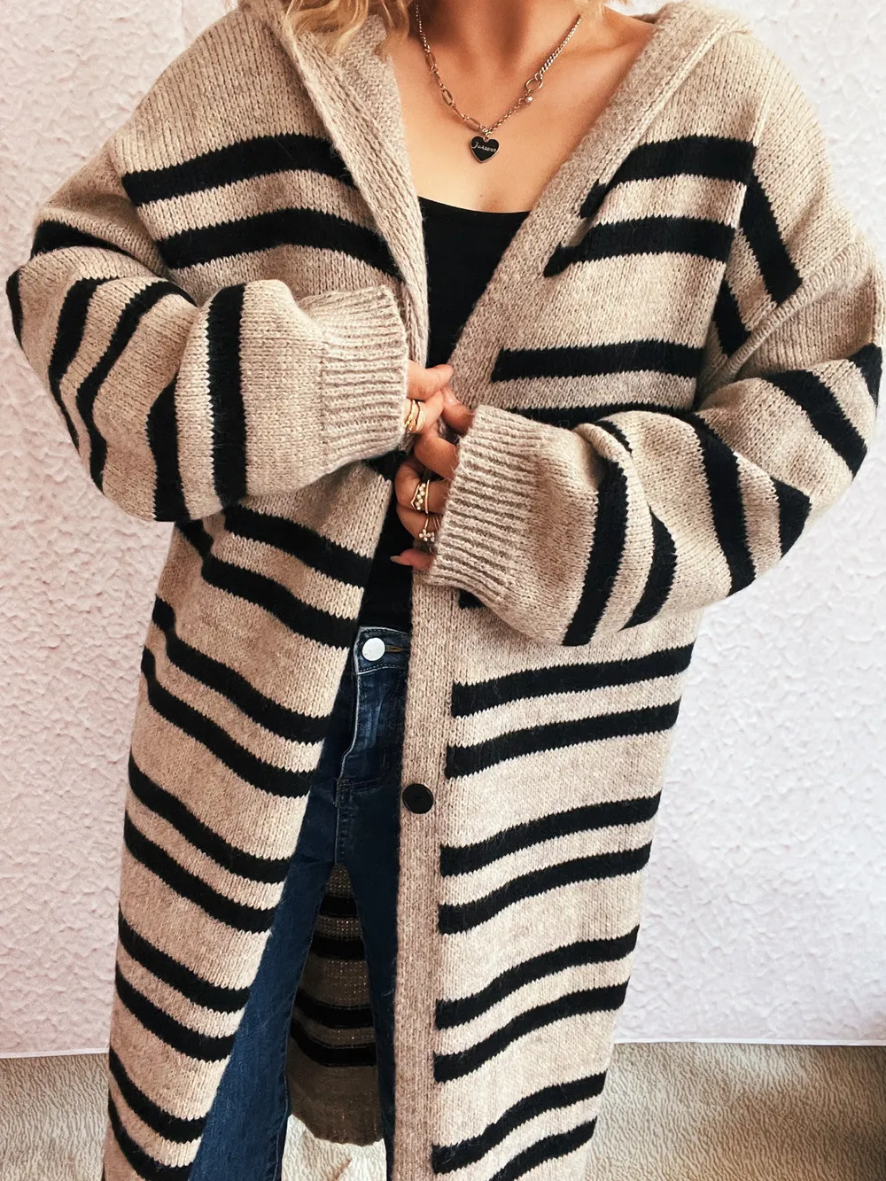 Striped Open Front Hooded Cardigan, image 5