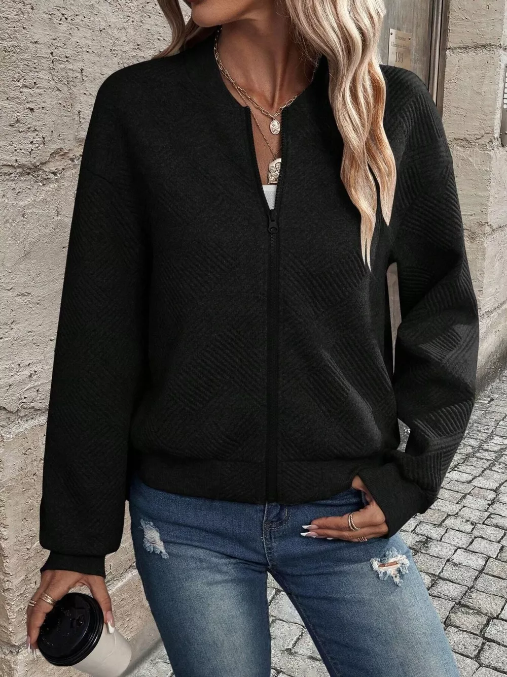 Zip-Up Textured Long Sleeve Jacket, image 5