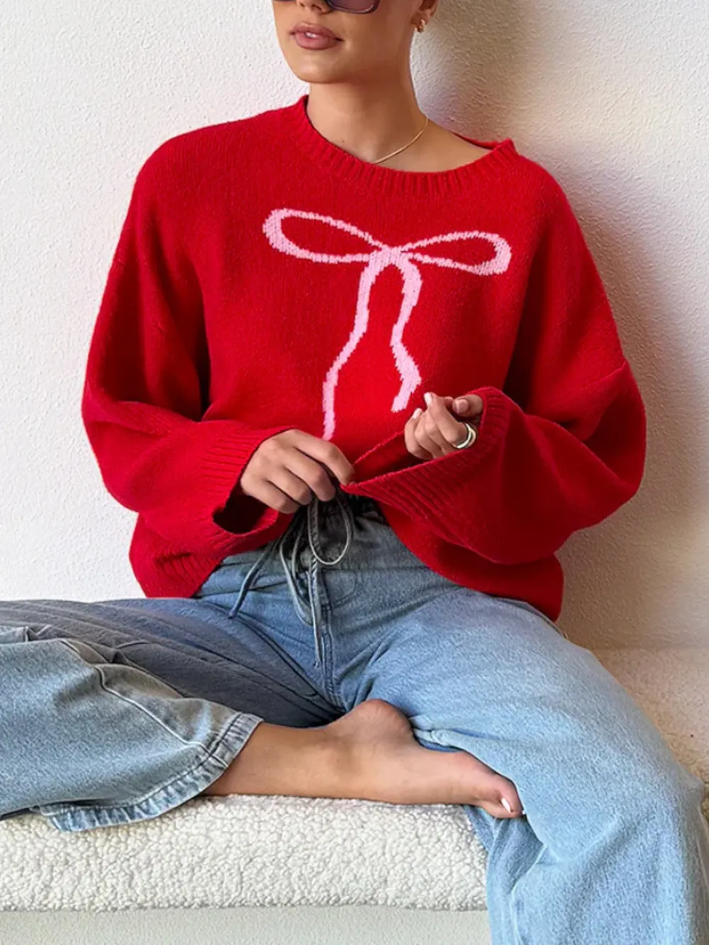 Bow Graphic Ribbed Hem Round Neck Sweater, image 8