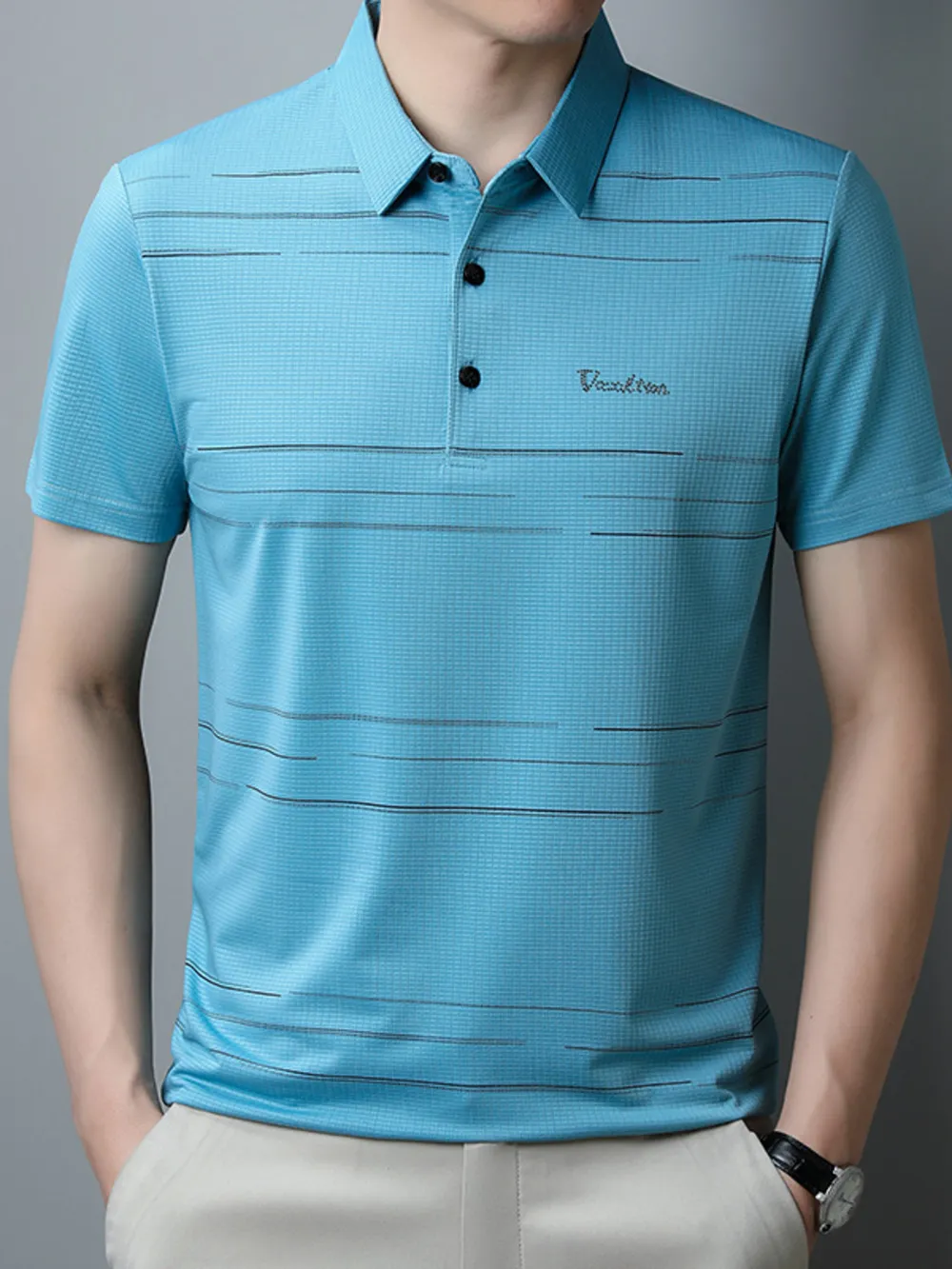 Men's Plus Size Classic Striped Quick-Dry Polo Shirt