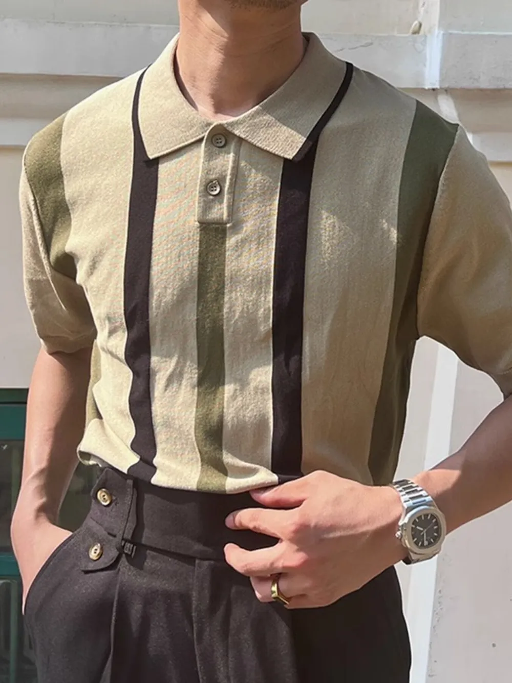 Men's Plus Size Striped Short Sleeve Polo, image 3