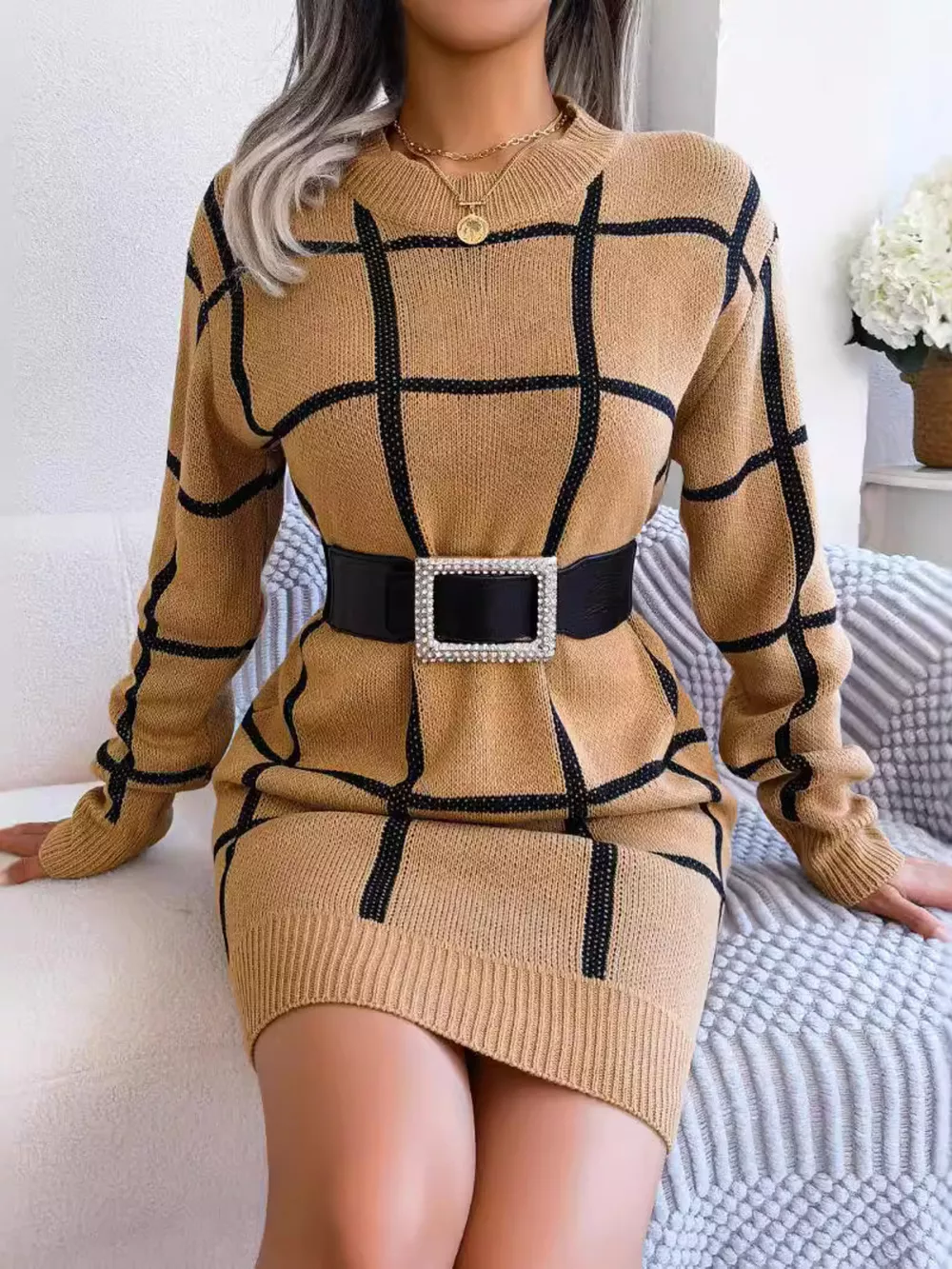 Plaid Pattern Long Sleeve Sweater Dress, image 13