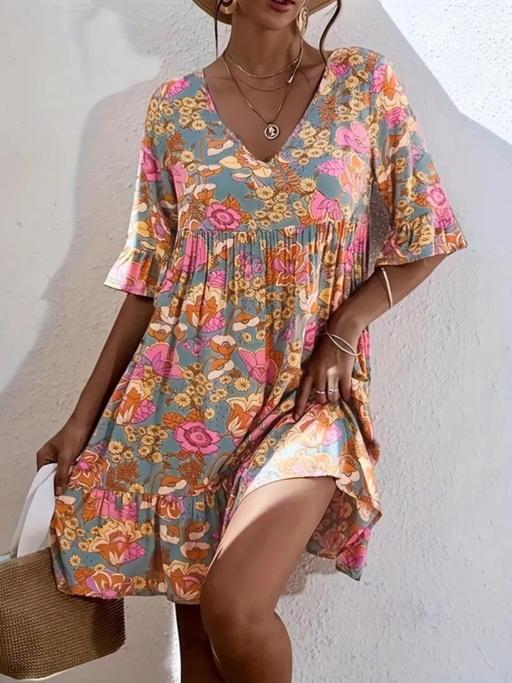 Printed V-Neck Tiered Dress, image 5