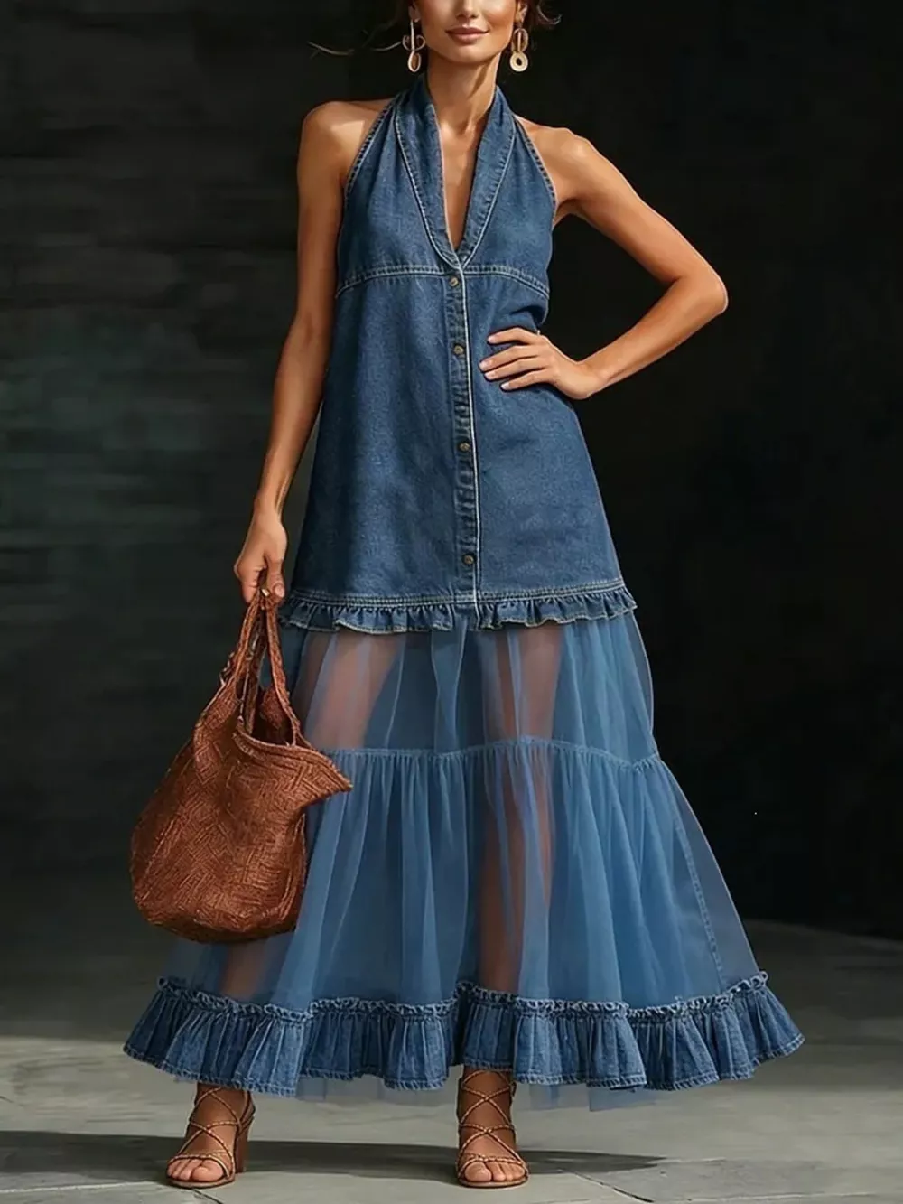 Full Size Ruffle Hem Sleeveless Sheer Tulle Denim Dress Plus Size, image 2