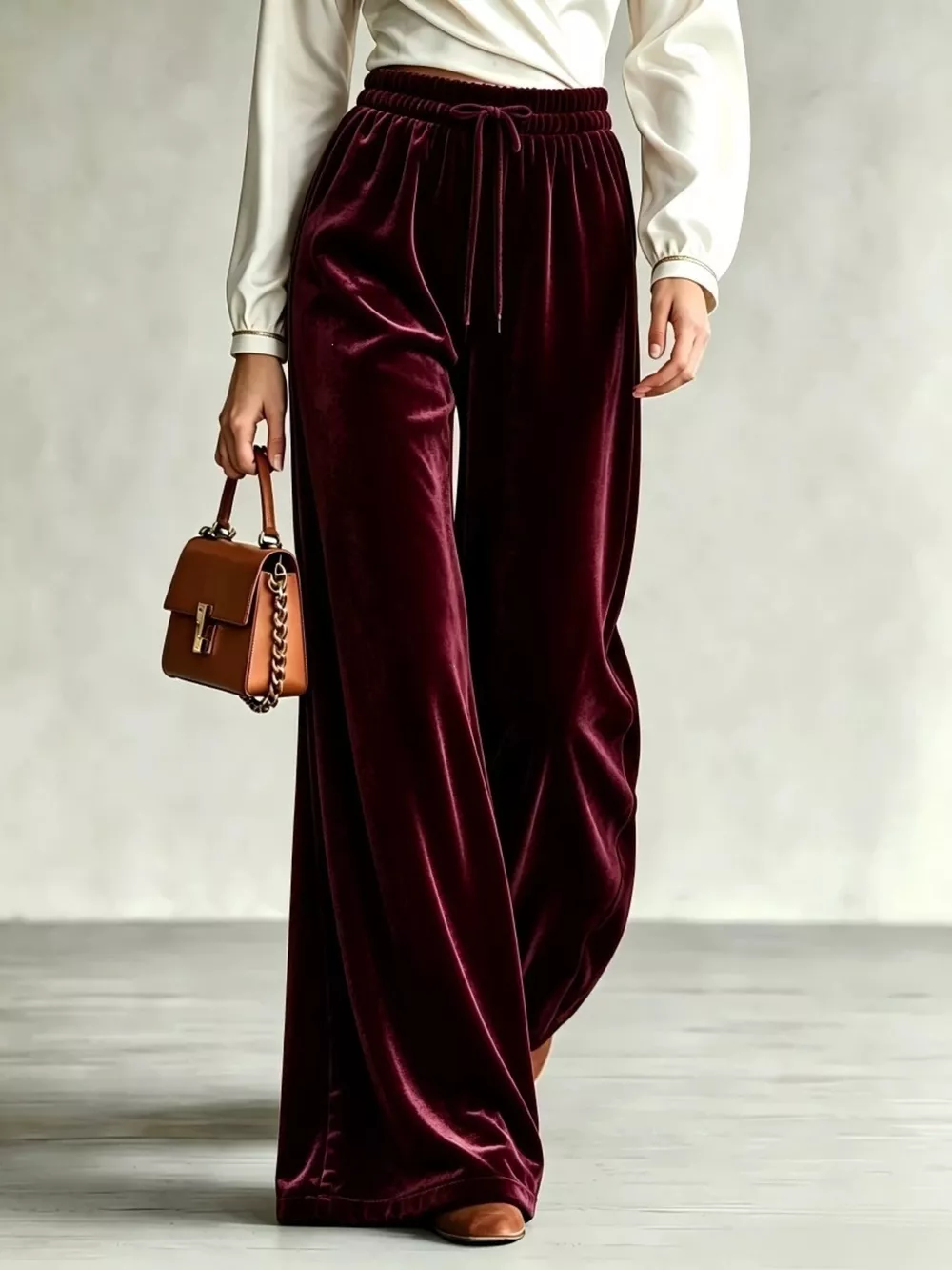 Velvet Wide-Leg Pants with Drawstring, image 9