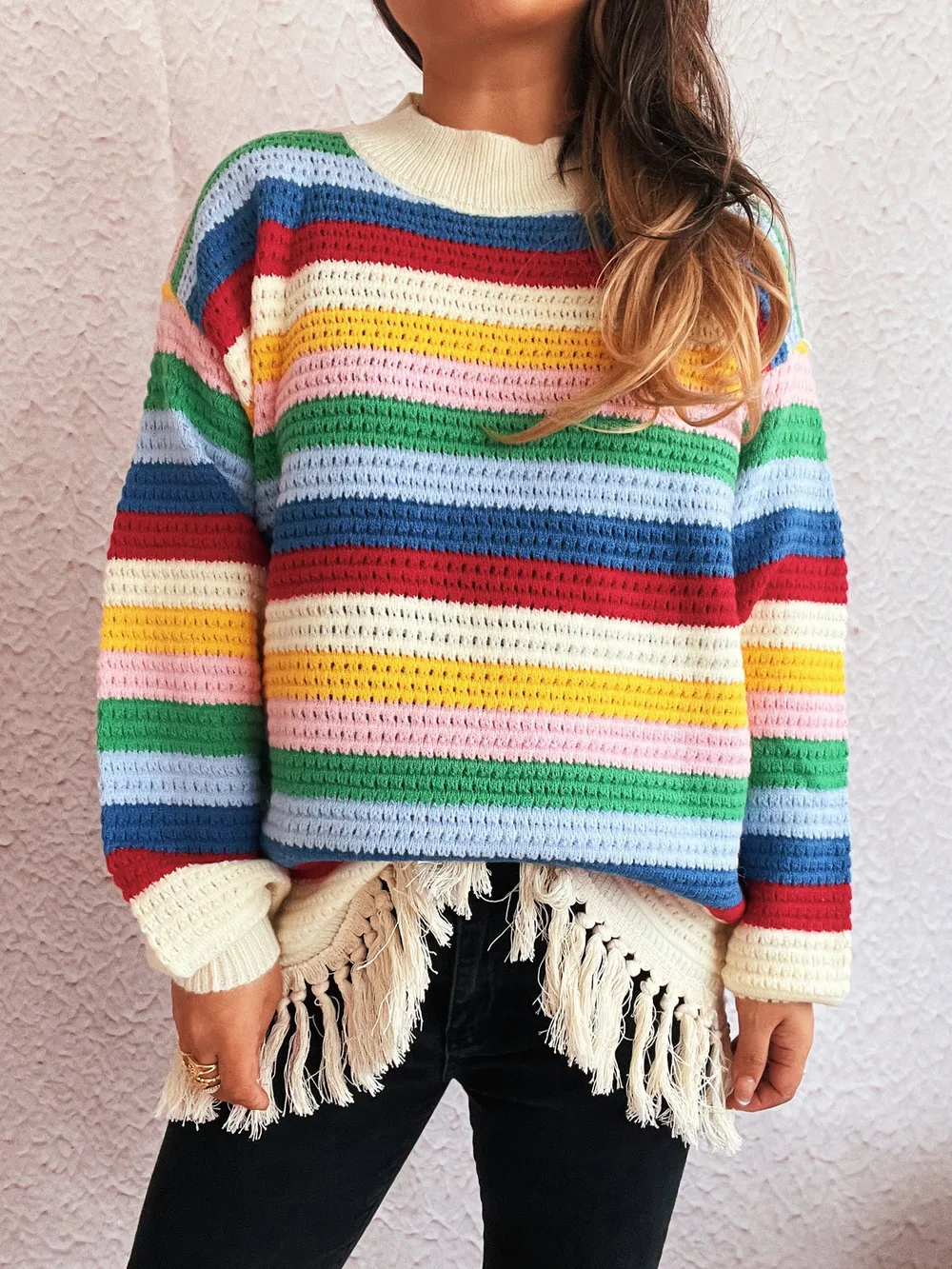 Tassel Rainbow Striped Long Sleeve Sweater, image 7