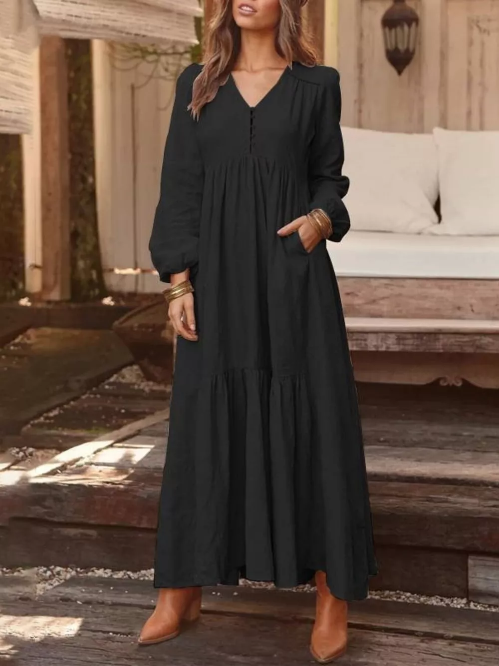 Full Size V-Neck Long Sleeve Tiered Maxi Dress with Pockets Plus Size, image 5