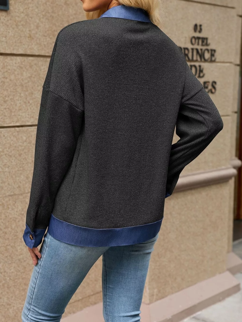 Contrast Denim Collar Zip Up Outerwear, image 11