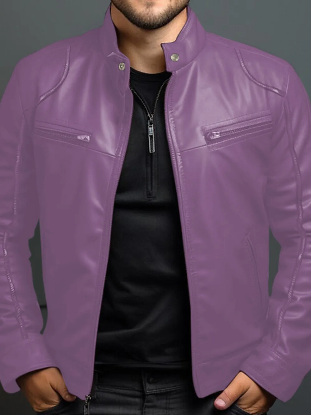 Men's Full Size Leather Motorcycle Jacket with Zipper Front Plus Size, image 8