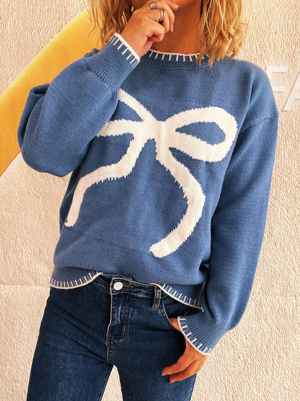 Bow Pattern Round Neck Sweater, image 10