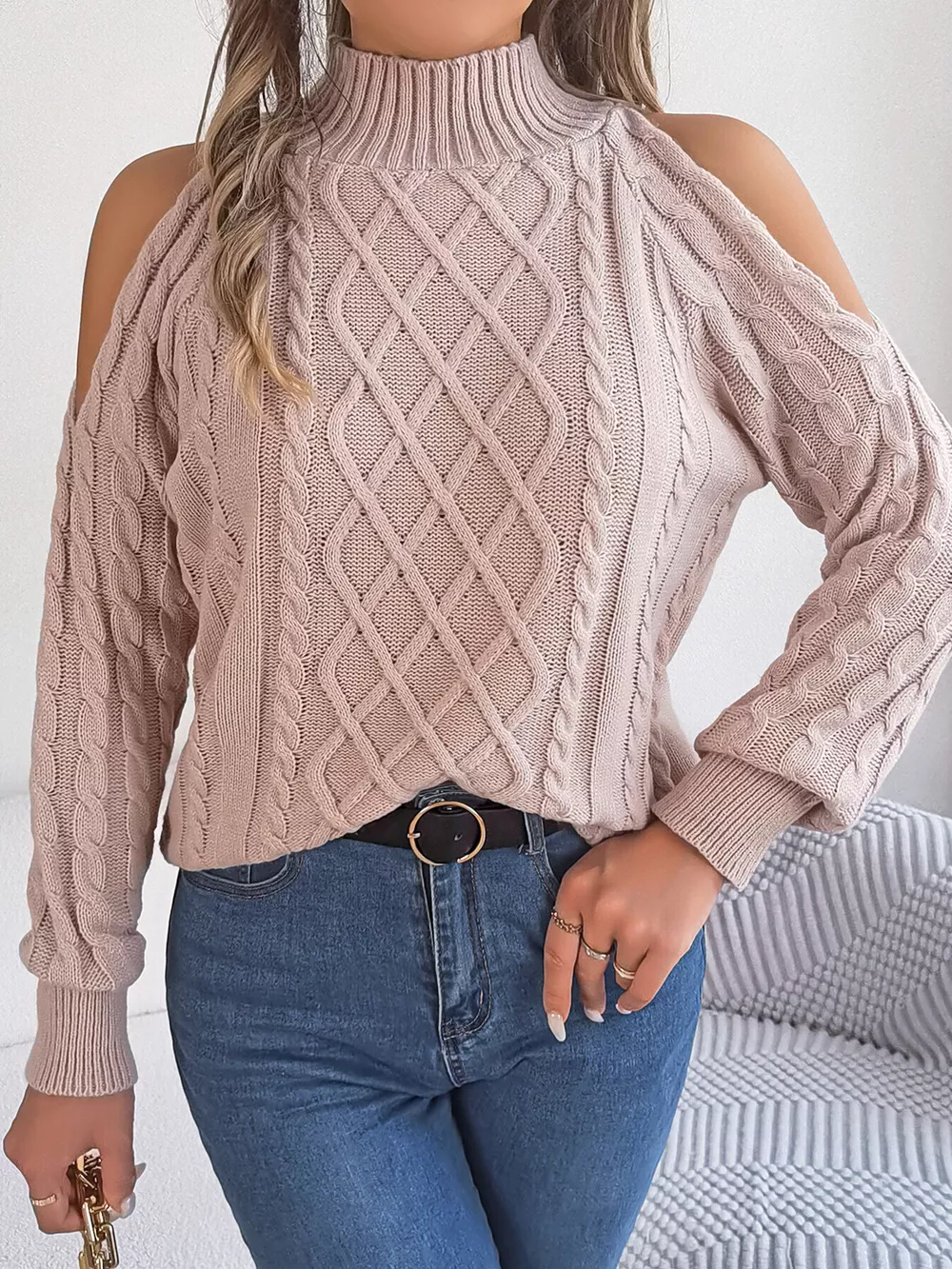 Cold-Shoulder Cable Knit Sweater, image 19
