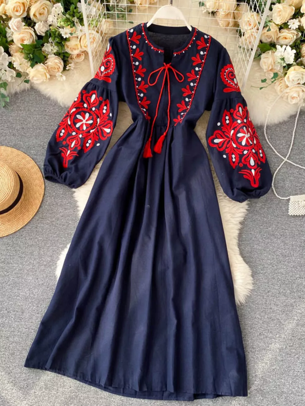 Embroidered Tie Neck Long Sleeve Dress, image 8