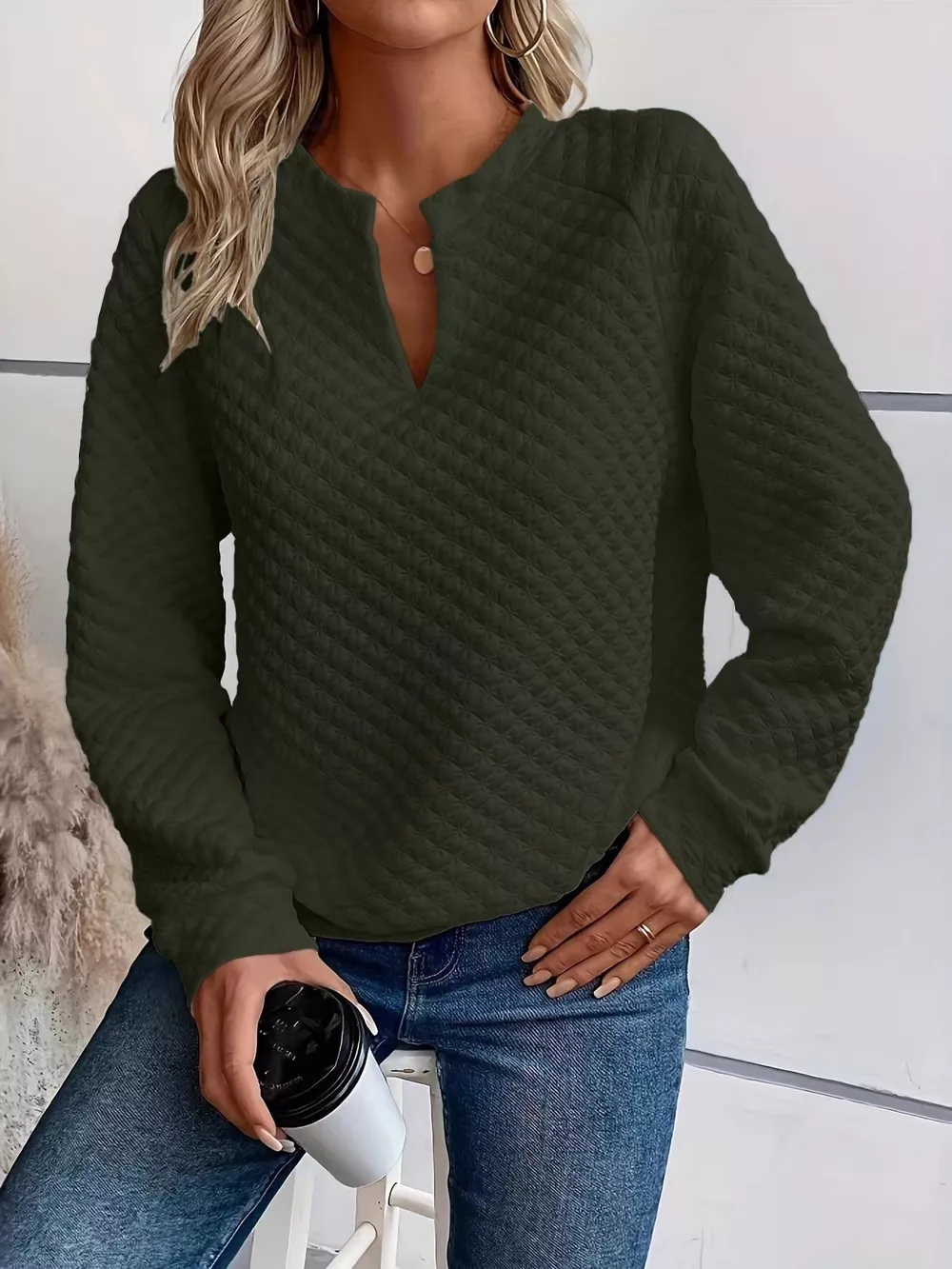 Quilted Texture Long Sleeve Sweatshirt with Notched Neck, image 19