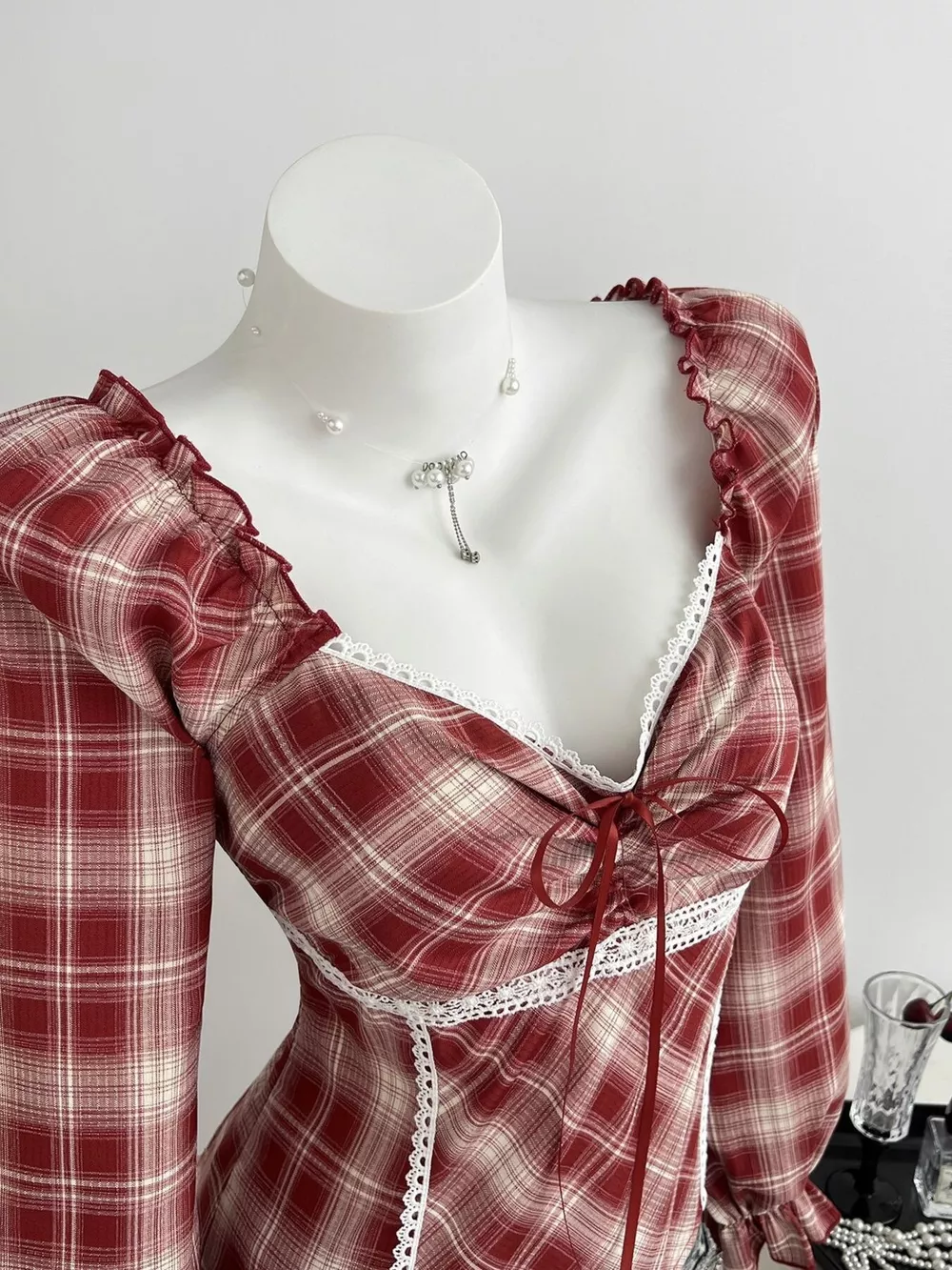 Plaid Lace-Trimmed Long Sleeve Blouse, image 3
