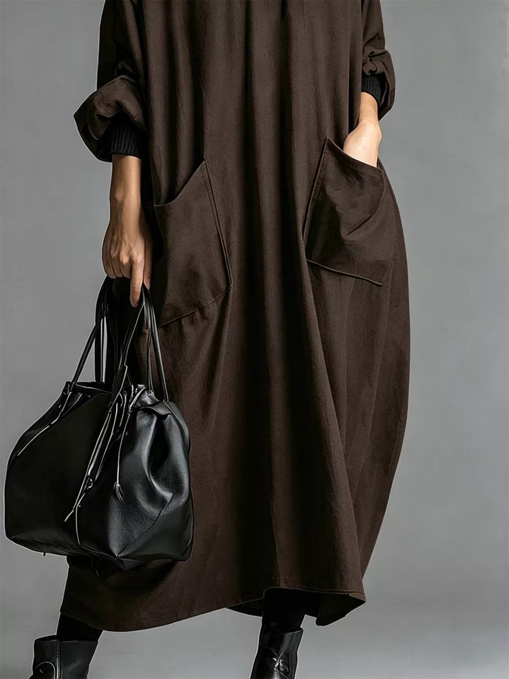 Full Size Loose-Fit Mock Neck Midi Dress with Pockets Plus Size, image 4