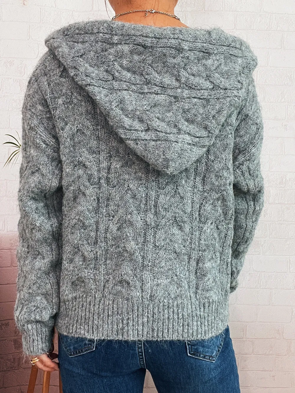Cable Knit Hooded Zip-Up Cardigan, image 6