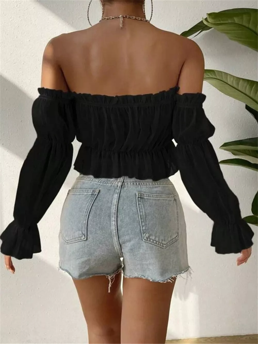 Off-Shoulder Ruffle Trim Sheer Cropped Blouse, image 13