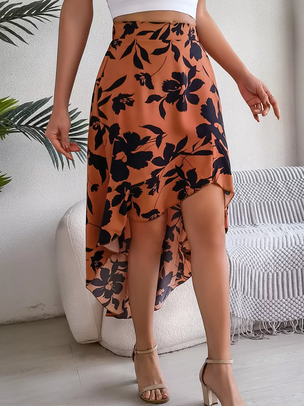Floral Print Ruffle Hem Asymmetrical Skirt, image 10