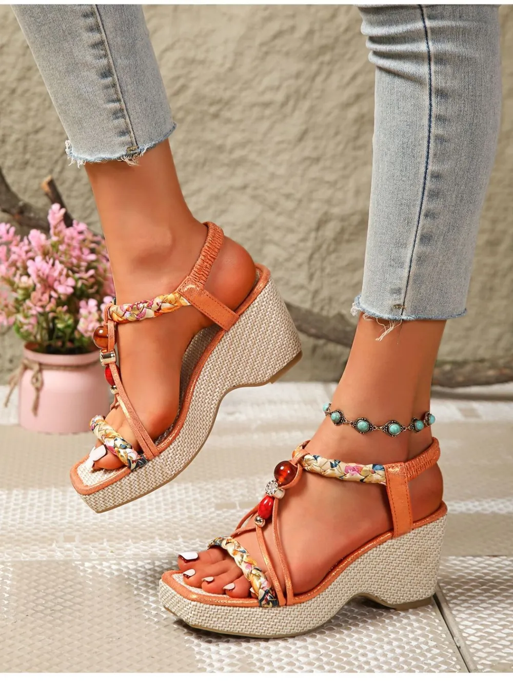 Bohemian Floral Beaded Wedge Sandals, image 6