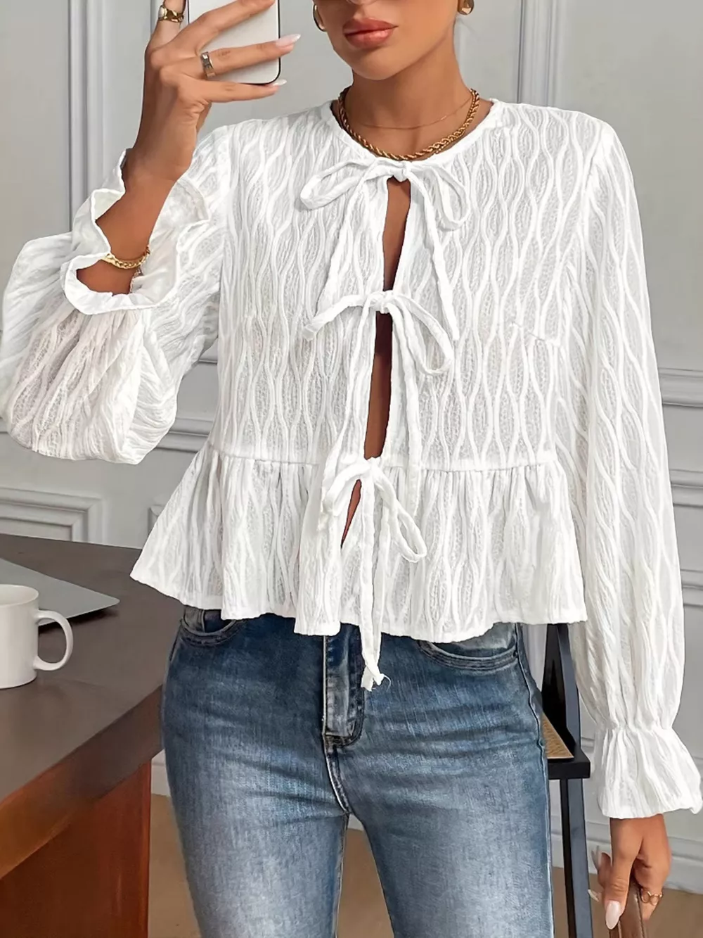 Tie Front Flounce Sleeve Blouse, image 7