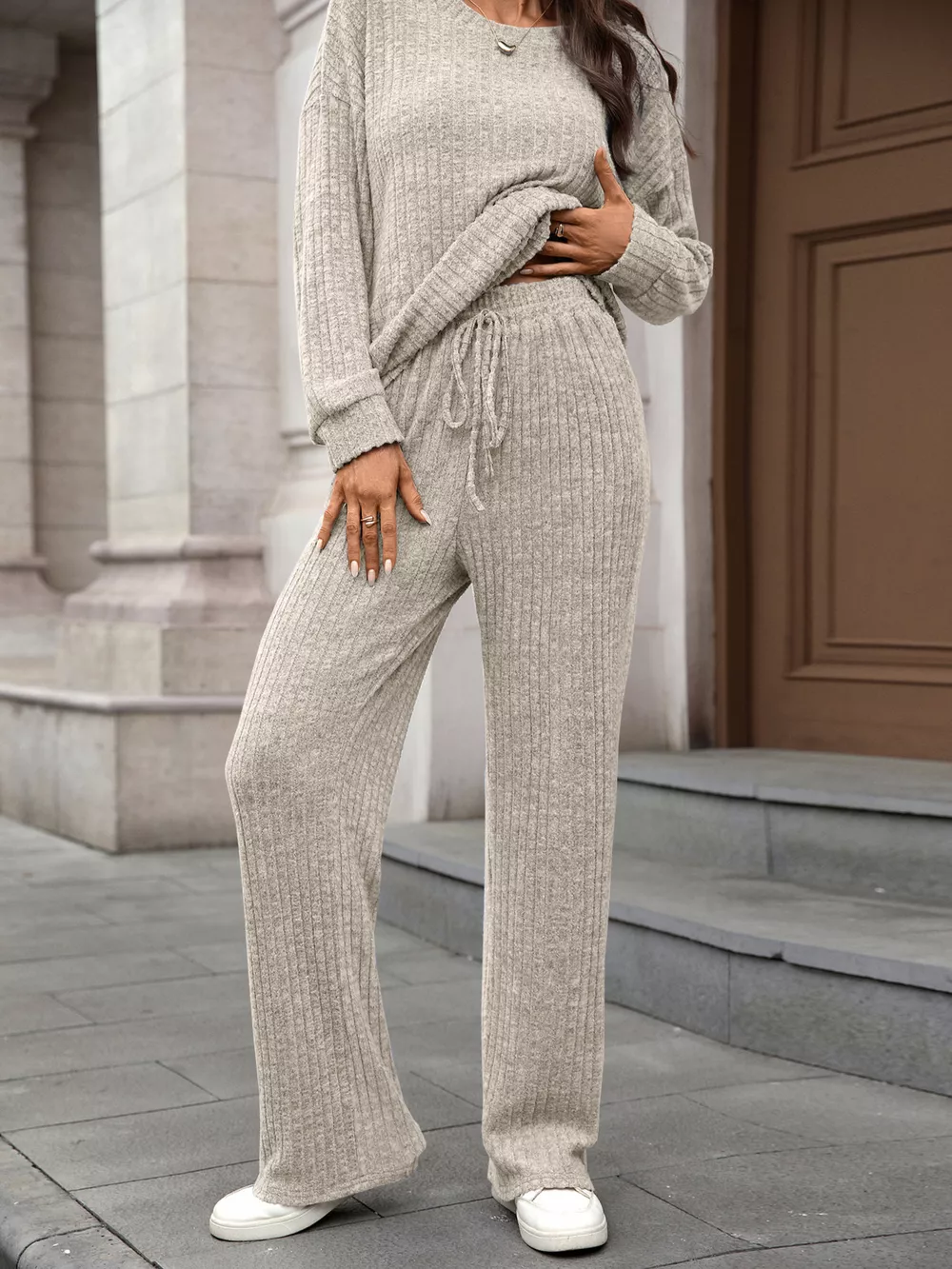 Ribbed Round Neck Top and Pants Set, image 10
