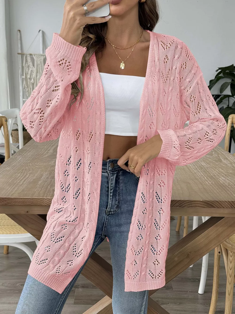 Openwork Open Front Knit Cardigan, image 14