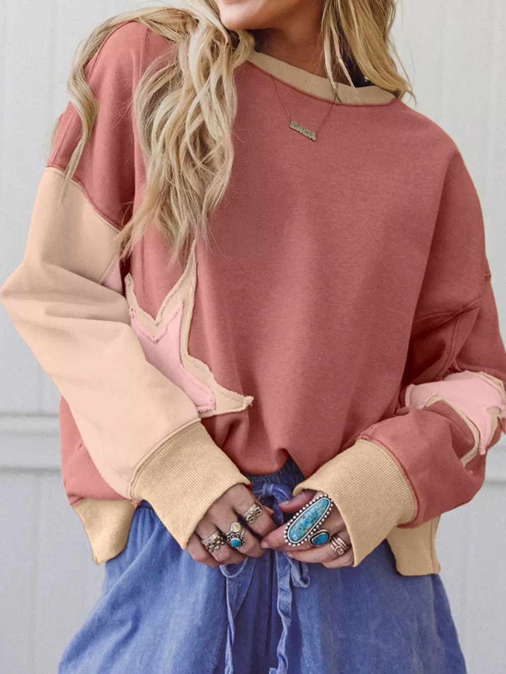 Contrast Star Patchwork Exposed Seam Uneven Hem Drop Shoulder Sweatshirt, image 6