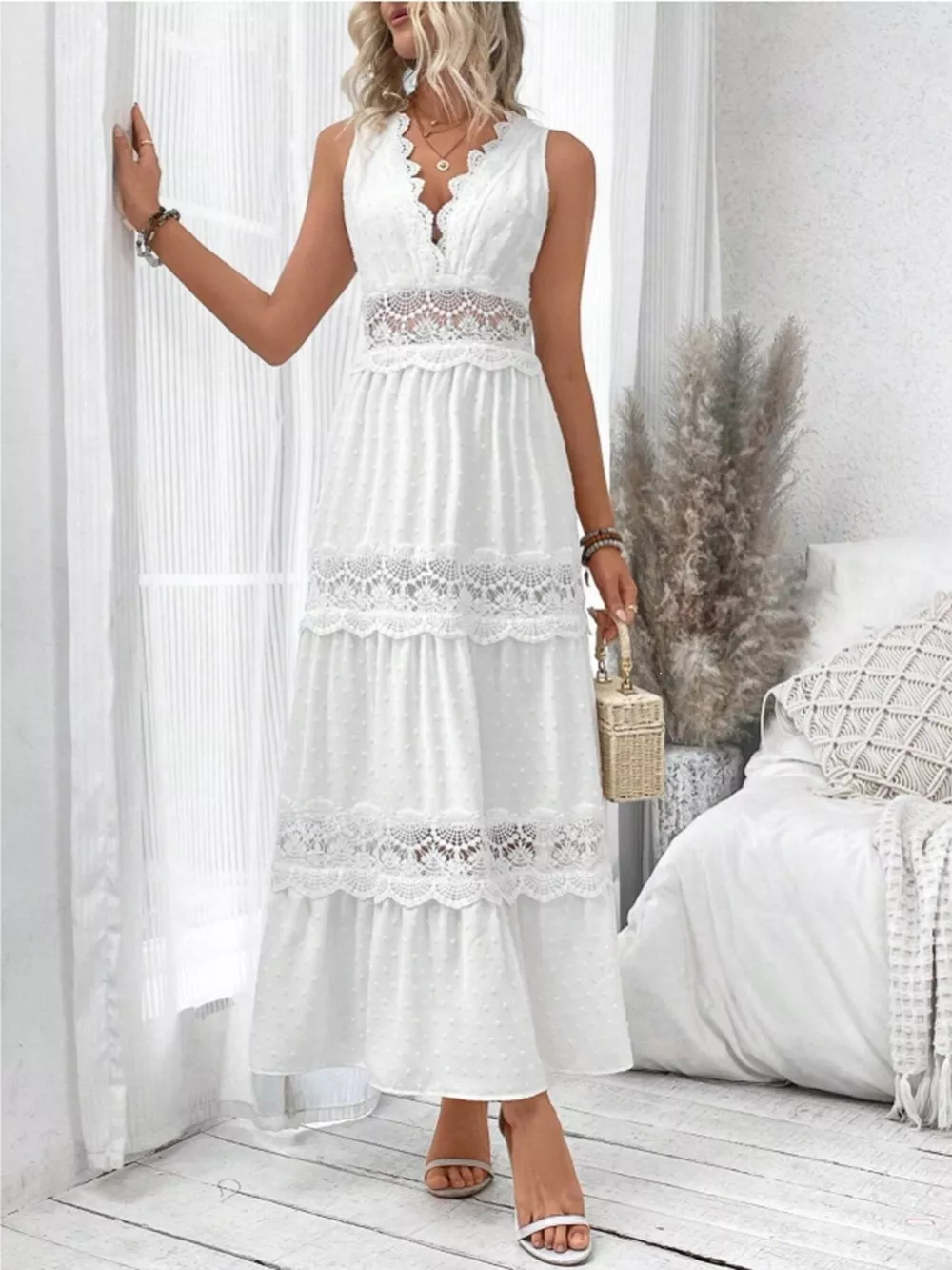 Full Size Lace Tied Swiss Dot Sleeveless Maxi Dress Plus Size, image 4