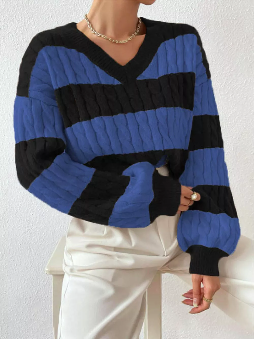 V-Neck Striped Cable Knit Sweater, image 4