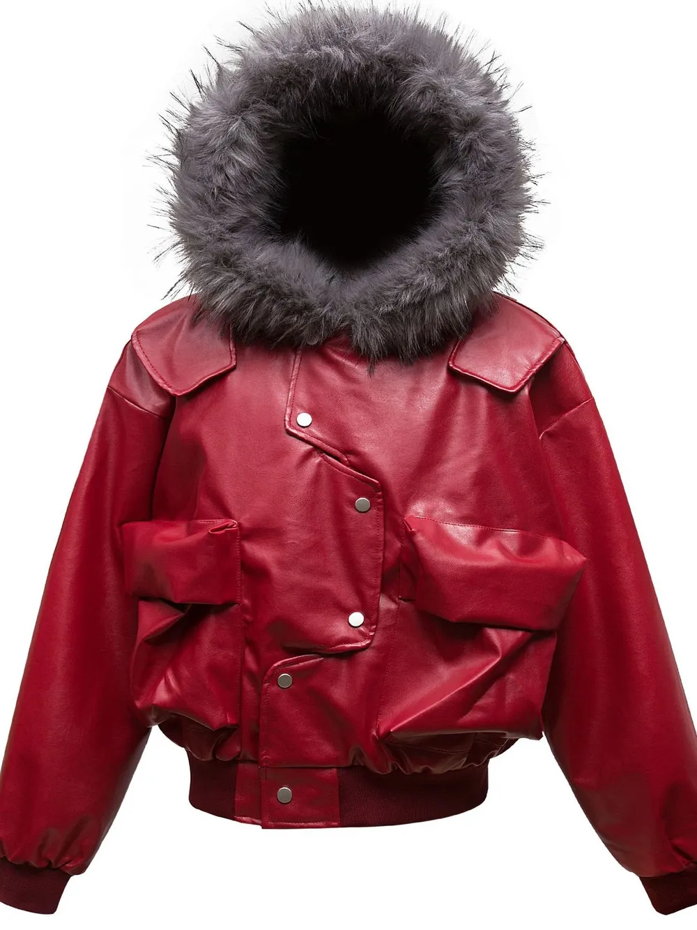 Men's Leather Bomber Jacket with Faux Fur Hood, image 5