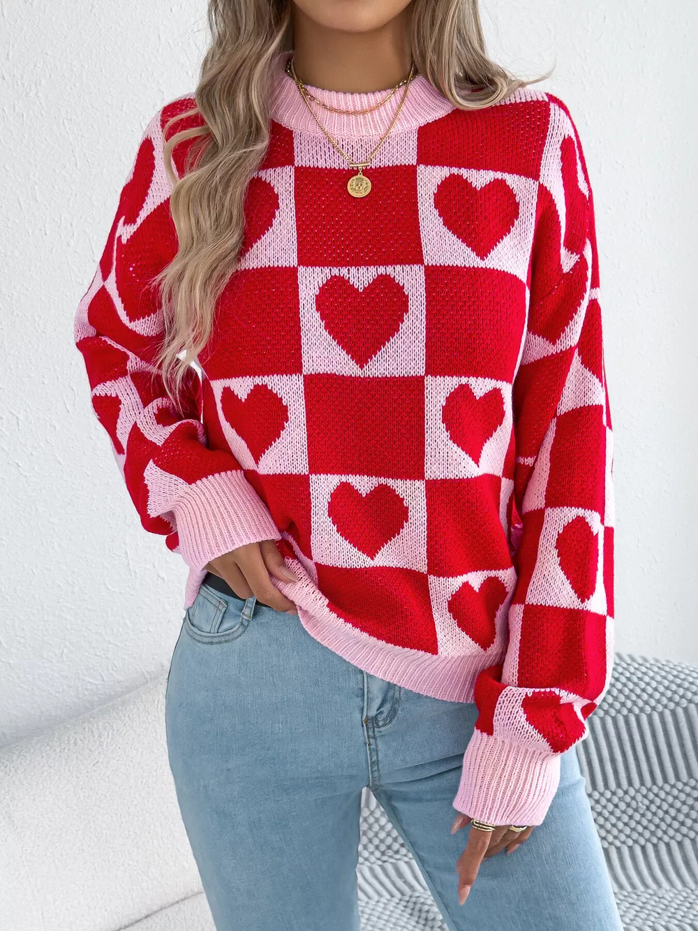 Heart Checkerboard Pattern Round Neck Sweater, image 13