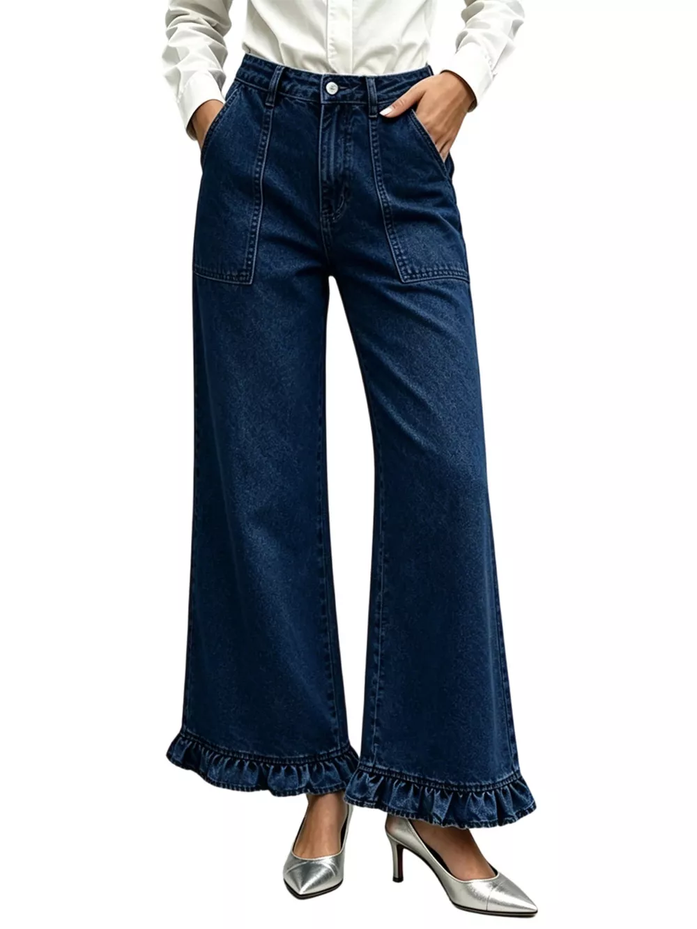 High-Waisted Wide-Leg Ruffle Hem Jeans, image 8