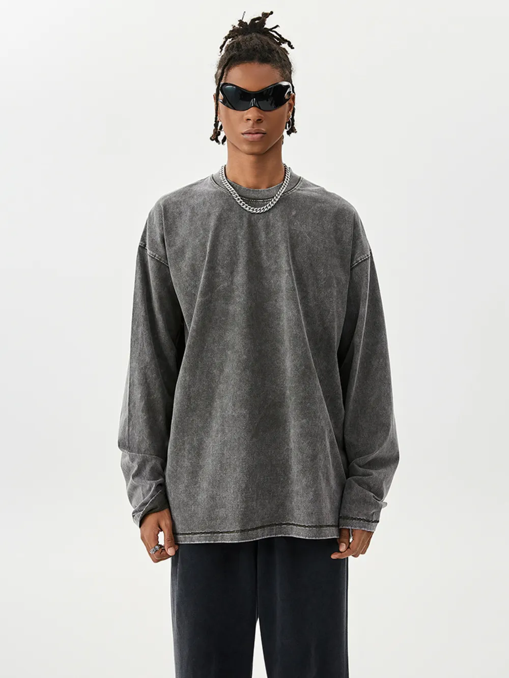 Men's Washed Round Neck Long Sleeve T-Shirt, image 7